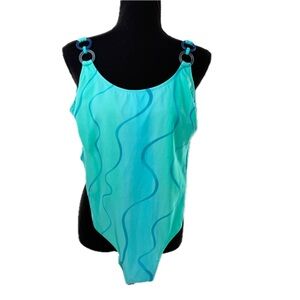 SUNFLAIR by Jutta Friemann Turquoise Blue Wave One Piece Swimsuit Y2K Size Small
